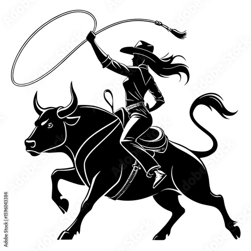 Vector Western-style black silhouette logo: aggressive bull kicking up its back legs with a determined cowgirl on its back, stylized in flat black over a white backdrop