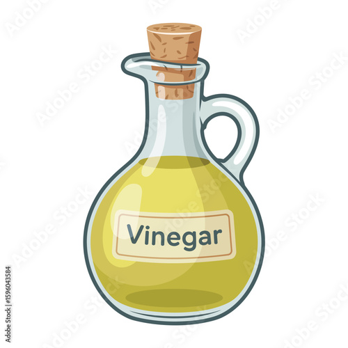 Glass bottle with handle filled with yellow vinegar and cork stopper