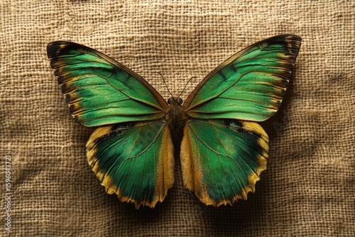Vibrant green and gold butterfly on a textured background.