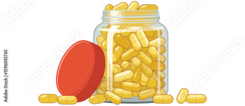 Clear bottle filled with yellow gel capsules and red lid