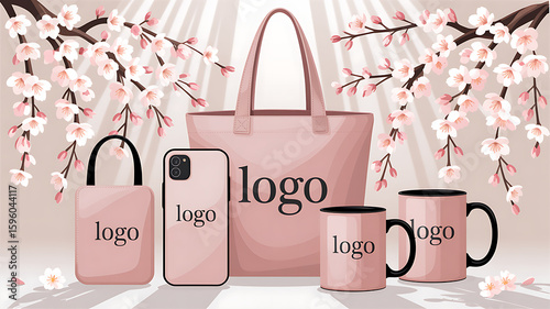 Elegant pink bags, mugs, and a phone case with a logo design are displayed among delicate cherry blossoms, perfect for branding and promotional merchandise