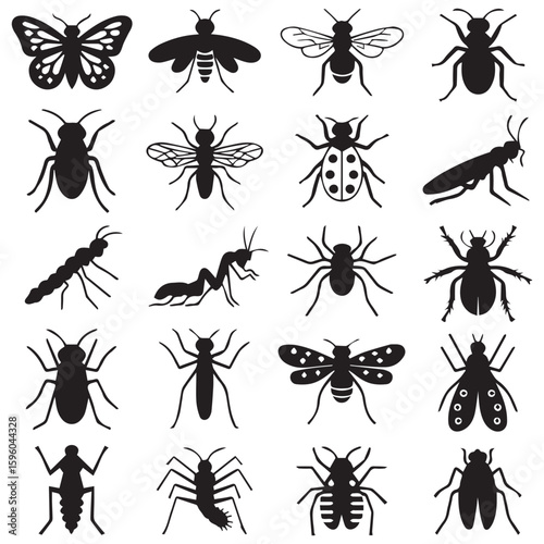 Collection of various insect silhouettes including butterfly, ant, bee, spider