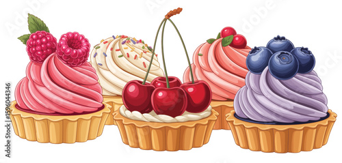 Assortment of colorful fruit topped cupcakes and tarts