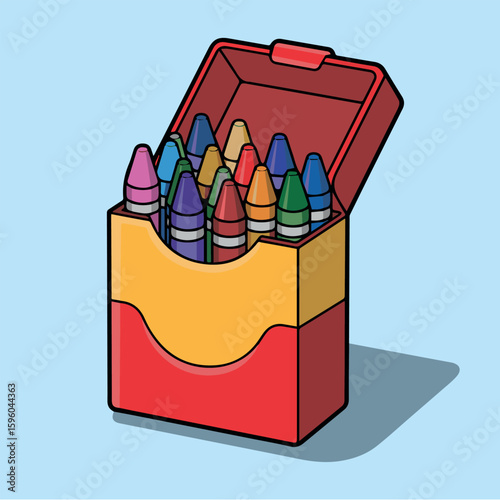 Clean and modern vector  illustration of a crayon box with multiple colored crayons for drawing and creative art projects and school supplies
