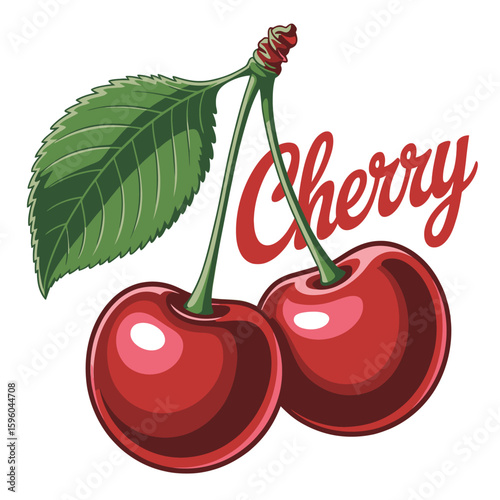 Two ripe red cherries with a green leaf and the word cherry