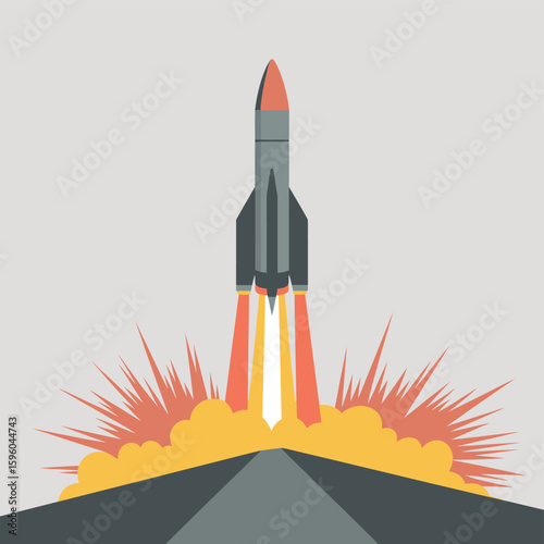 Rocket launching with fiery exhaust and explosive blast