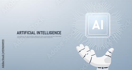 AI chip with robot arm. Concept of innovative AI machine learning technologies, neural network.