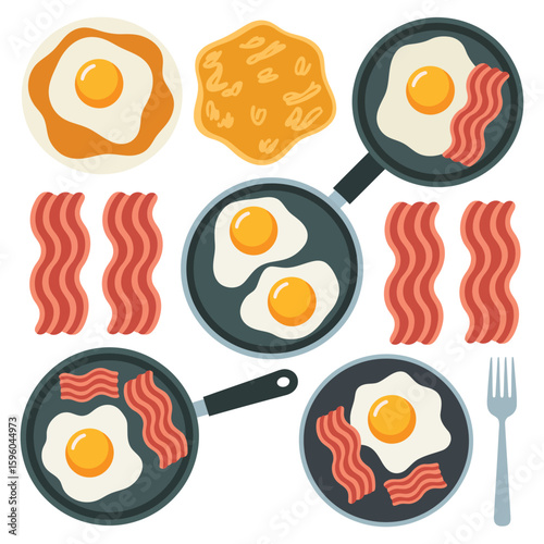 Delicious breakfast set with fried eggs and bacon in pans