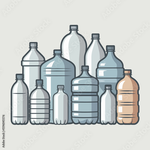 Collection of various plastic water bottles and large water cooler jugs