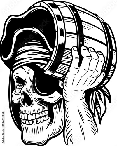SVG skull of a skeleton pirate captain for tattoo style, Halloween theme. Skull with Barrel in Hand and Pirate Hat in Vintage Style Artwork
