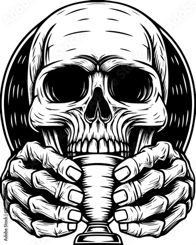 SVG skull of a skeleton pirate captain for tattoo style, Halloween theme. Skull Holding Goblet Illustration for Halloween and Gothic Themes