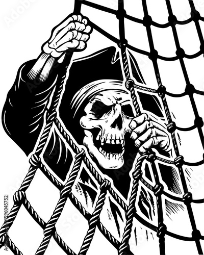 SVG skull of a skeleton pirate captain for tattoo style, Halloween theme. Grim Reaper Emerging from a Fishing Net in Black and White Art