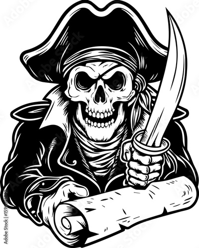 SVG skull of a skeleton pirate captain for tattoo style, Halloween theme. Skull Pirate with Sword and Treasure Map in Vintage Etching Style