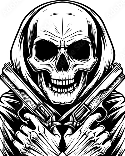 SVG skull of a skeleton pirate captain for tattoo style, Halloween theme. Skull with Guns Design for Graphic Art and Tattoo Inspiration