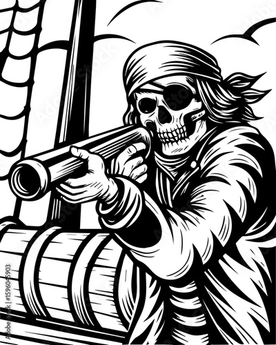 SVG skull of a skeleton pirate captain for tattoo style, Halloween theme. Pirate Skeleton with Musket on Ship in Vintage Black and White Art