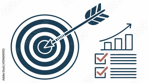 Arrow hitting target graph with upward trend and checklist with checkmarks.