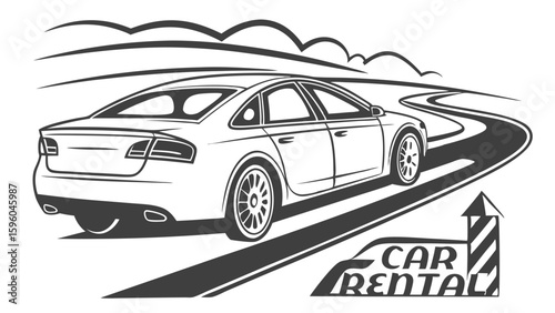 Black and White Car Rental Logo on Winding Road.