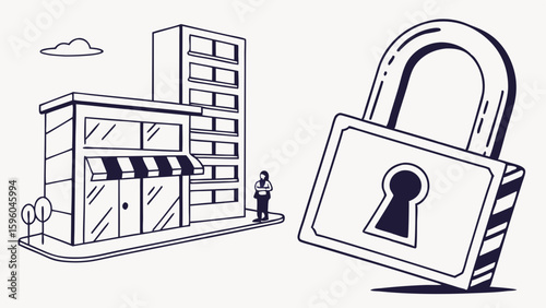 Building Security Padlock Protecting City Block and Shop.