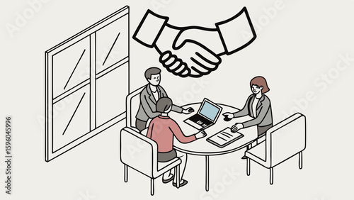 Business Deal Closing Three Colleagues Sign Contract with Handshake Symbol.