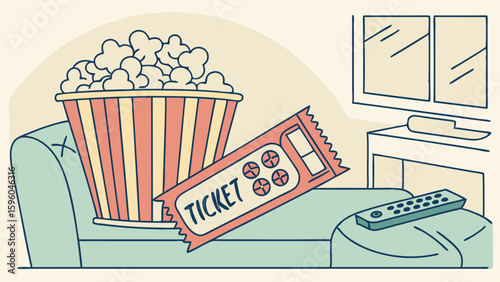 Cartoon illustration of popcorn ticket remote and television on couch.