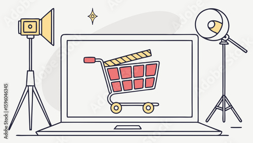 Cartoon Laptop Displaying Shopping Cart with Studio Lighting Setup.