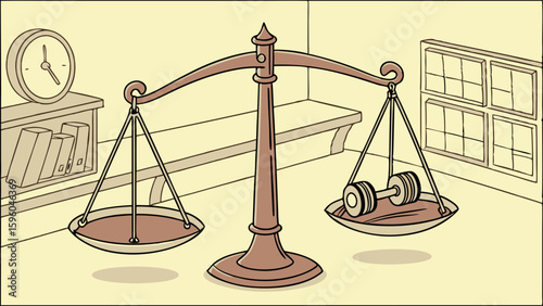 Cartoon Scales of Justice with Dumbbell Representing Health and Balance.