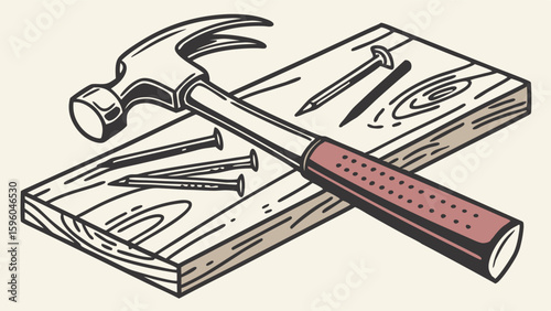 Claw Hammer Nails and Wood Plank Carpentry Tools Illustration.
