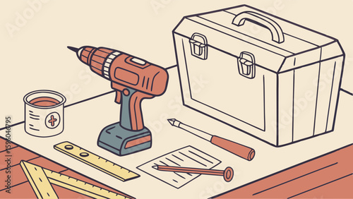 Cordless Drill Tool Box and Assorted Carpentry Tools.