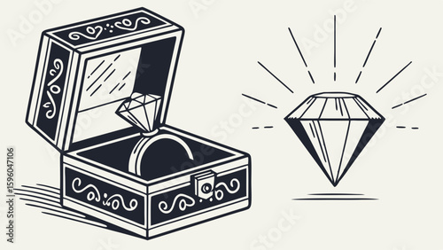 Elegant Diamond Ring Presented in Decorative Jewelry Box.