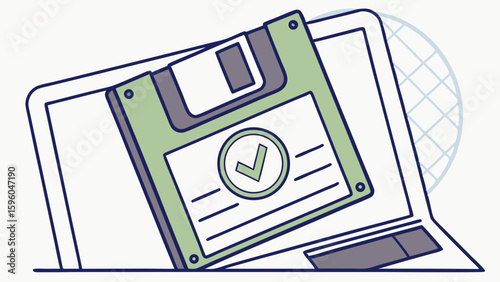 Floppy Disk and Laptop Depicting Data Storage and Validation.