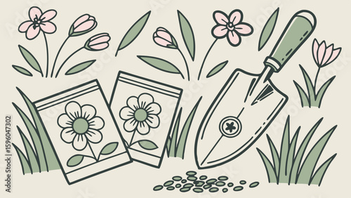 Gardening Illustration Trowel Seeds Flower Packets and Blossoms.