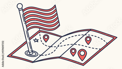 Folded Map with Flag and Route Markers Illustration.