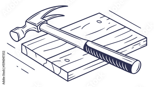 Hand Drawn Hammer and Wooden Plank.