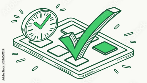 Handdrawn illustration of checklist with checkmark and clock.