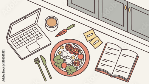 Healthy Meal Preparation with Laptop and Recipe Book Illustration.