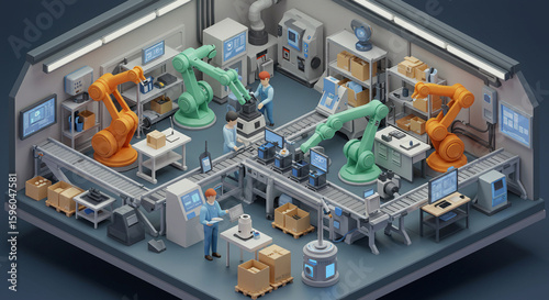 Isometric Factory Automation: Robotic Arms Conveyor Belts and Human Operators in a Modern Manufacturing Facility.