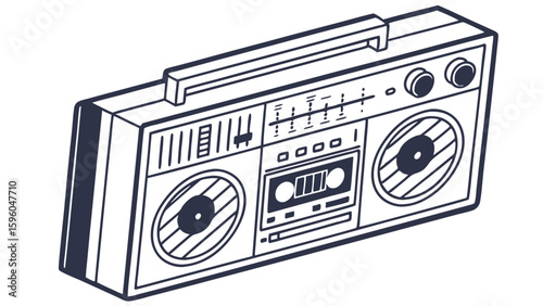Illustrated Black and White Boombox with Cassette Player.