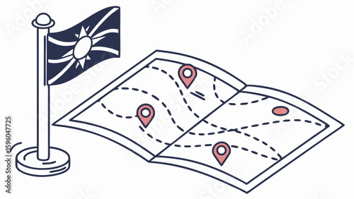 Illustrated Flag with Sun Symbol and Map with Location Pins.