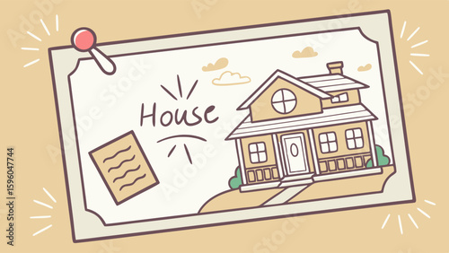 Illustrated House on a Note Pinned with a Red Pushpin.