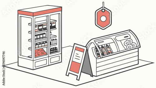 Illustrated Grocery Store Display with Refrigerated Cases and Signage.