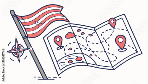 Illustrated Map with Flag Compass and Location Markers.