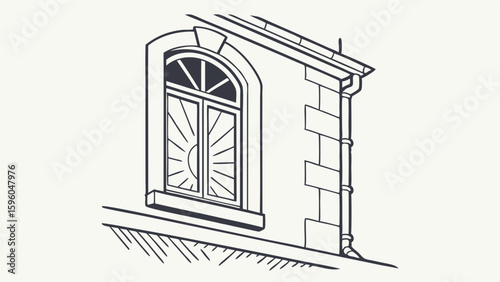 Illustration of a Stone Building Corner with Arched Window and Gutter.