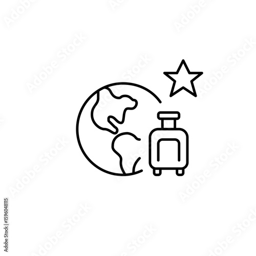 Earth, travel luggage and star. Preferred tourist destination, vacation and holiday. Worldwide hospitality and airlines. Pixel perfect, editable stroke vector icon