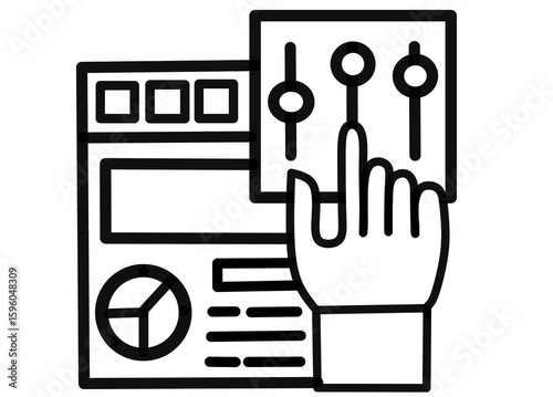 clean line art icon depicts a hand interacting with a digital interface featuring a pie chart, text boxes, and a control panel with sliders and knobs