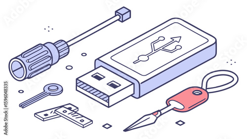 Isometric Illustration of USB Drive with Accessories.