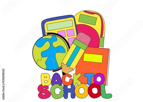 back to school illustration, A cheerful and colorful illustration featuring a collection of essential school supplies, including a vibrant globe, a bright yellow pencil with a pink eraser