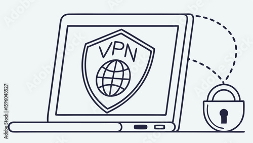 Laptop Screen Displaying VPN Shield and Global Icon with Padlock.