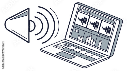 Laptop with Audio Editing Software and Speaker Icon.