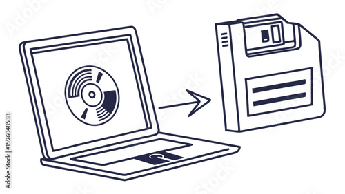 Laptop transferring data to a floppy disk line art illustration.