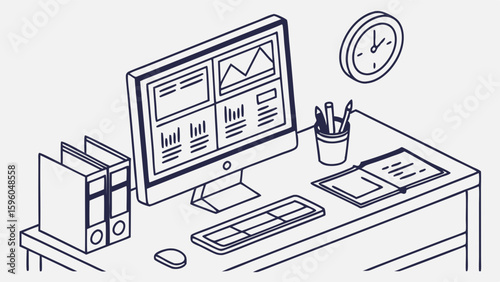 Line art illustration of a desk with computer and office supplies.